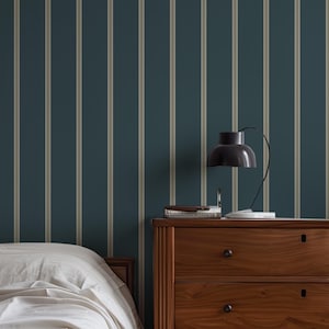 Carta da parati rimovibile con strisce blu scuro, carta da parati beige e blu retrò astratta, decalcomania da parete malinconica