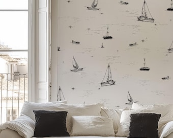 Peel-and-Stick verwijderbaar scheepsbehang in zwart-wit, strandhuisbehang met zeilboten en jachten, behang bootkuststijl