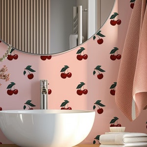 Rosa Kirsche entfernbare Tapete, selbstklebende Wandkunst, botanische Tapete Obst, Pop-Art-Tapete Schälen und Stick