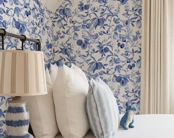Blue and White Toile Apricot Peel and Stick Removable Wallpaper, Peach Self Adhesive Wall Decal, French Style House Wallpaper