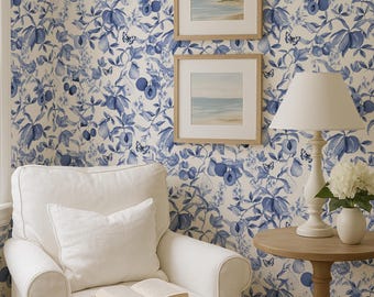 Papier peint amovible toile bleu et blanc abricot, sticker mural autoadhésif pêche, papier peint maison de Style français