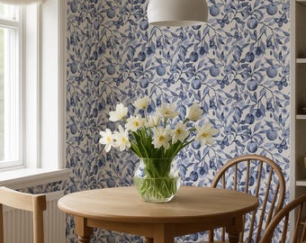 Vintage Blue Fruit Botanical Peel & Stick Wallpaper, French Toile Inspired Removable Mural, Garden Farm House Wall Art