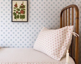 Light Blue Retro Minimal Floral Peel & Stick Removable Wallpaper, Light Classic but Modern Botanical Design, Cottage or Farmhouse Wall Art