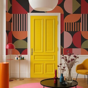 Abstrakte geometrische Form Wandbild in Schwarz, Rot, Rosa und Grün, Retro Vibe Bunt Ablösbare Tapete