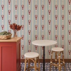 Retro Lobster and Stripe Peel and Stick Wallpaper, Red & Blue Coastal Mediterranean Stick-On Paper, Nautical Crab Self Adhesive Wall Mural