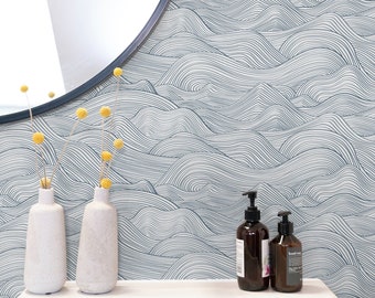 Blue and White Coastal Wave Peel and Stick Removable Wallpaper, Temporary Self Adhesive Wallpaper, Neutral Boho Wallpaper