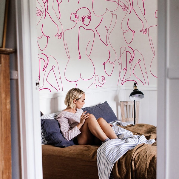 Contorno del cuerpo femenino de silueta rosa brillante sobre fondo blanco, papel tapiz extraíble de cáscara y palo, calcomanía de pared de acento femenino autoadhesivo