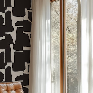 Abstrakte schwarze Form Tapete, Retro Vibe Abnehmbarer Wandaufkleber, weißer Hintergrund - Schälen und Aufkleben, Bahouse inspirierte Tapete