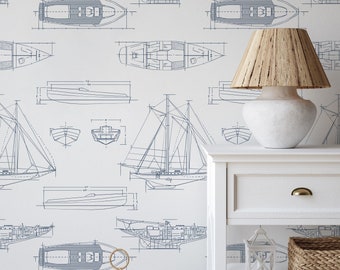 White and Blue Ship Sailboat Nautical Peel and Stick Removable Wallpaper, Ocean Theme Temporary Wallpaper, Beach Style Wall Decal