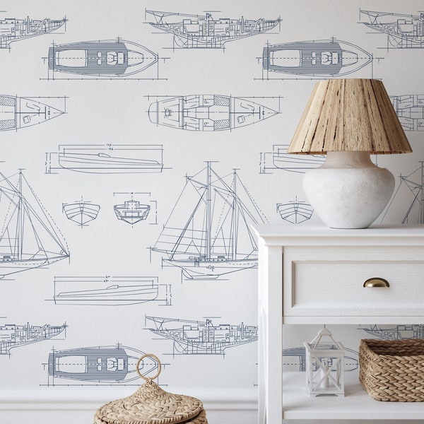 White and Blue Ship Sailboat Nautical Peel and Stick Removable Wallpaper, Ocean Theme Temporary Wallpaper, Beach Style Wall Decal