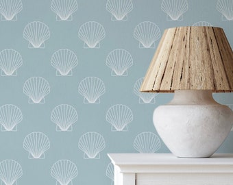 Blue Coastal Shell Removable Wallpaper, Beach House Wallpaper, Removable Peel & Stick Design, Ocean Wall Decor, White and Blue Wallpaper