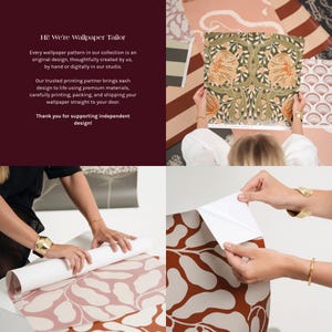 The image is a collage of four photos depicting a person working with wallpaper patterns. The first photo shows a person holding a pattern, the second photo shows a person rolling out a pattern, the third photo shows a person holding a pattern, and the fourth photo shows a person holding a pattern.