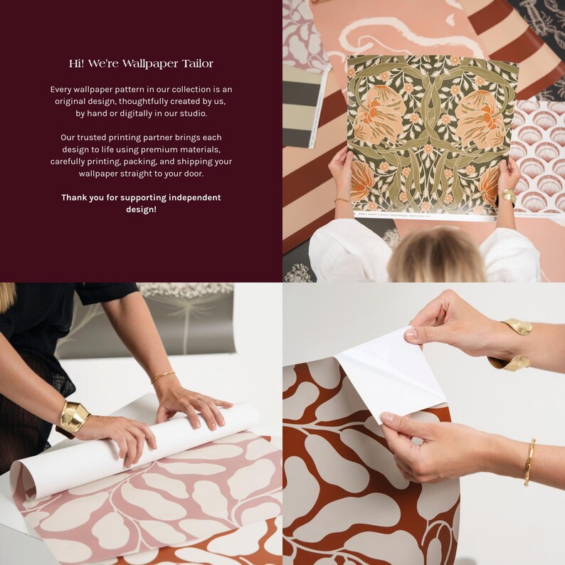 The image is a collage of four photos depicting a person working with wallpaper patterns. The first photo shows a person holding a pattern, the second photo shows a person rolling out a pattern, the third photo shows a person holding a pattern, and the fourth photo shows a person holding a pattern.