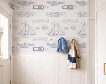White and Blue Ship Sailboat Nautical Peel and Stick Removable Wallpaper, Ocean Temporary Beach Style Decal