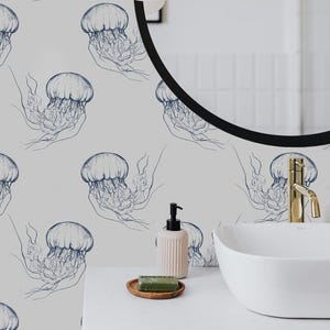 Coastal Sea Jellyfish Wallpaper - Tranquil Underwater Vibes, Peel & Stick, Removable Bathroom Wallpaper, White and Blue Self Adhesive Art