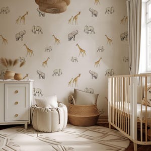 Carta da parati rimovibile per bambini Giraffe and Elephant Peel and Stick Boho, carta da parati Safari Kids Jungle Animal, carta da parati per bambini neutra per genere