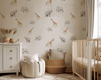 Giraffe and Elephant Kids Removable Peel and Stick Wallpaper Boho, Safari Kids Jungle Animal Wallpaper, Gender Neutral Nursery Wallpaper