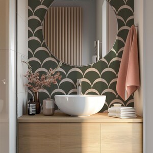Green Retro Art Deco Peel and Stick Wallpaper, Dark Green Accent Wallpaper, Wall Hanging, Custom Self Adhesive Geometric Wallpaper