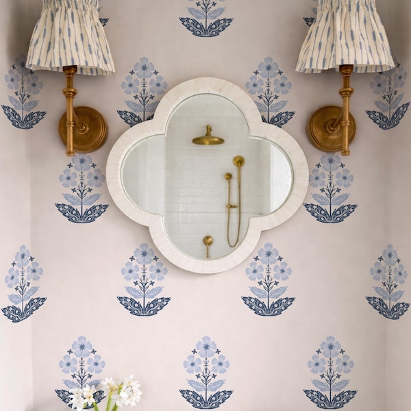 Heritage Blue Floral Peel & Stick Wallpaper, Flower Medallion Cream Ground Traditional Mural, Botanical Vintage Wall Art