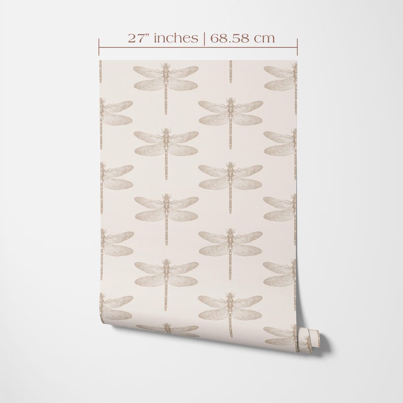 27 inches wide wallpaper roll with a dragonfly print in beige and brown.