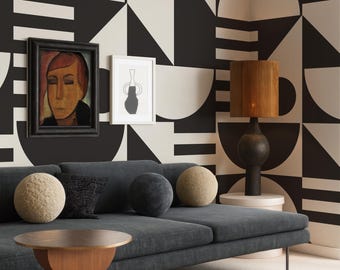 Papel tapiz extraíble con formas abstractas negras, fondo crema, calcomanía de pared con estilo retro, papel tapiz temporal