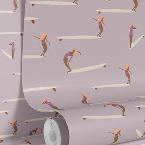 Surf paars Peel and Stick verwisselbaar behang, longboard retro vrouwelijk behang, oceaan nautische zelfklevende muur muurschildering, lichte muur cover