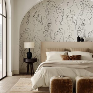 Carta da parati rimovibile con linee del corpo femminile in bianco e nero, carta da parati con linee eleganti e neutre, carta da parati con silhouette femminile