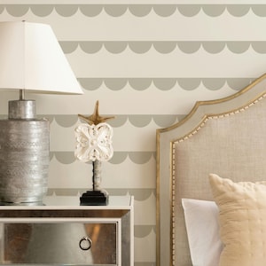 Scallop Stripe Peel & Stick Removable Wallpaper in Pastel Green, Beige Abstract Line Modern Wall Mural, Decorate Nursery Wallpaper