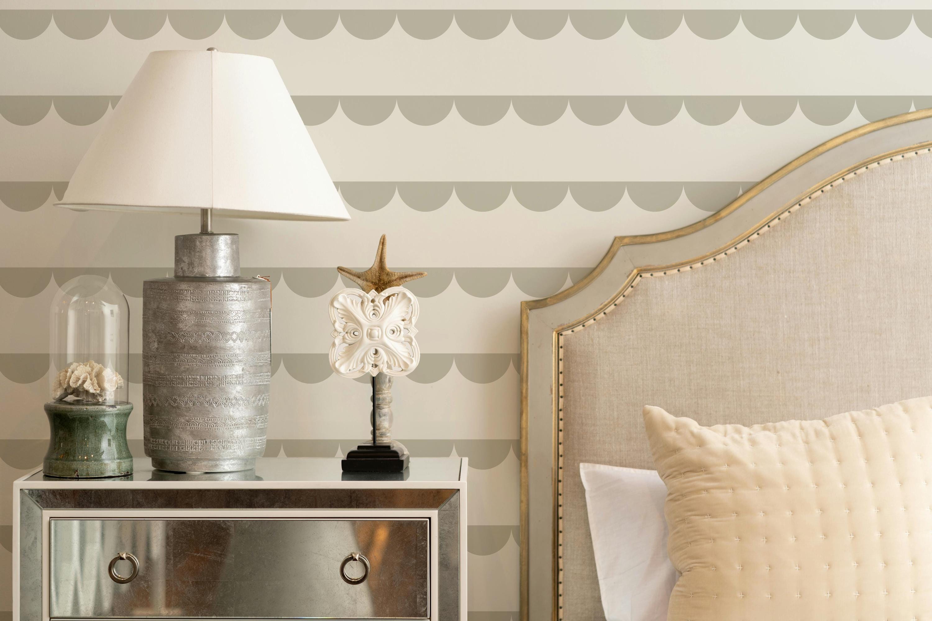 Scallop Stripe Peel & Stick Removable Wallpaper in Pastel Green, Beige Abstract Line Modern Wall Mural, Decorate Nursery Wallpaper