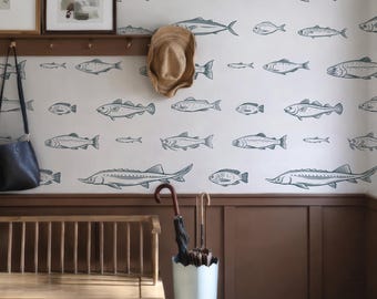 Küstenfische Schälen & Stick-Tapete, Dunkelblaues und Weißes Ozeantier Abnehmbares Wandbild