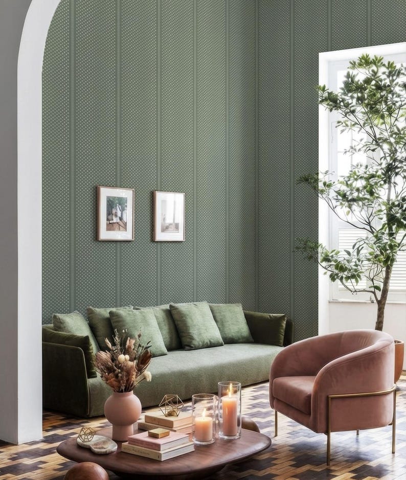 Green Geometric Wallpaper, Vintage Stripe Wall Decor, Peel & Stick or ...