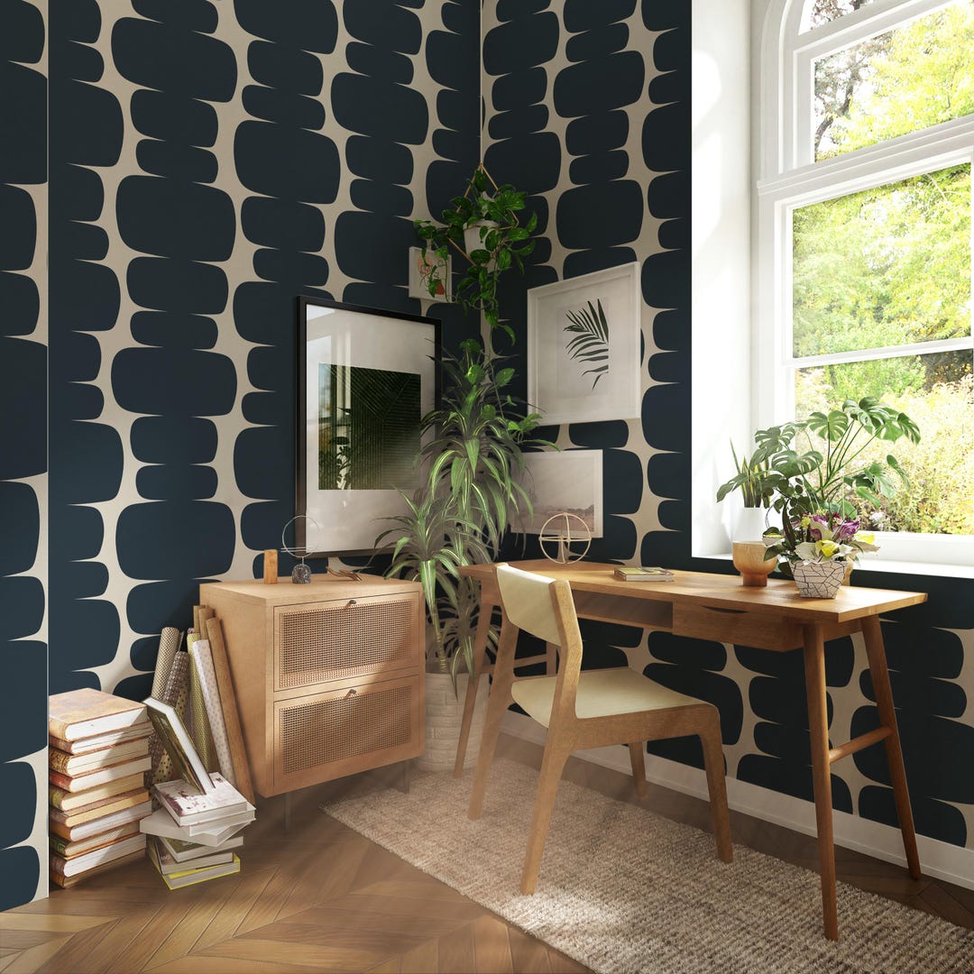 Abstract Navy Blue Shape Peel and Stick Removable Wallpaper, Cream ...