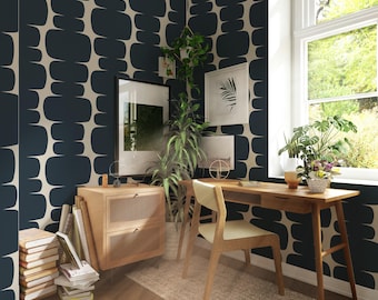 Abstract Navy Blue Shape Peel and Stick Removable Wallpaper, Cream Background Wallpaper, Retro Vibe Wall Decal, Temporary Wallpaper
