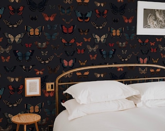 Papier peint amovible papillon foncé, papier peint papillon violet foncé, décoration murale presque noire, couverture murale de mauvaise humeur