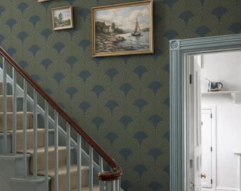 Vintage Art-Deco-Entfernbare Tapete zum Aufkleben in Grün und Blau, Jugendstil-Tapete zum Aufkleben, dunkle viktorianische Natur inspiriertes Wandbild