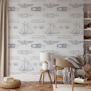 White and Blue Ship Sailboat Nautical Peel and Stick Removable Wallpaper, Ocean Temporary Beach Style Decal image 5