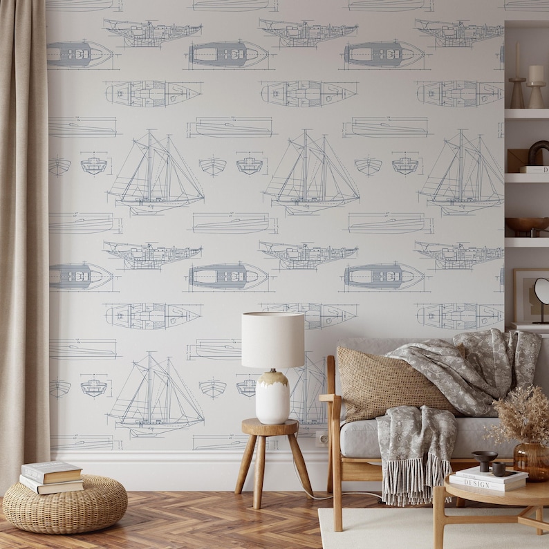 White and Blue Ship Sailboat Nautical Peel and Stick Removable Wallpaper, Ocean Temporary Beach Style Decal image 5