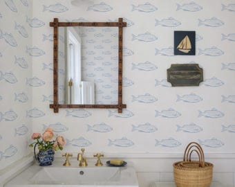 Blue Fish Peel and Stick Wallpaper: Coastal Beach House Removable Wall Decor