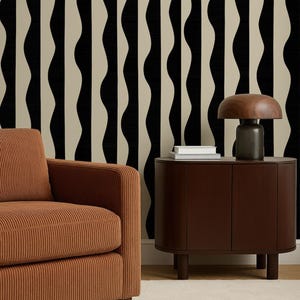 Papel de parede MCM com listras onduladas ousadas, capa de parede decorativa abstrata removível e colante, preto e bege, removível e pendurado