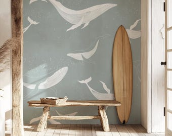 Fototapeta samoprzylepna Whale Peel & Stick Removable w kolorze Ocean Blue i White, Coastal Self-Adhesive Temporary Wall Cover, Marine Beach House Mural Wallpaper