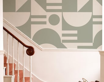 Abstract Sage Green Shape Peel and Stick Removable Wallpaper, Modern Contemporary Cream Background Wallpaper, Retro Vibe Wall Decal