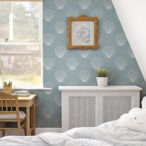 Blå kustnära snäcktapet, avtagbar marin skaldesign, väggdekoration med havsmotiv, vit och blå tapet