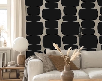 Geometric Retro Peel and Stick Wallpaper in Black and White, Bold Mid-Century Modern Removable Wall Mural, Stick On Wall Covering