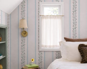 Blue Delicate Minimal Floral Peel & Stick Removable Wallpaper, Soft and Elegant Modern Botanical Design, Cottagecore Farmhouse Wall Paper
