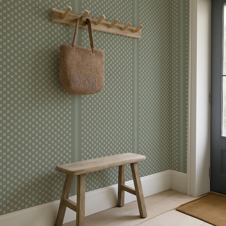 Green Geometric Wallpaper, Vintage Stripe Wall Decor, Peel & Stick or ...
