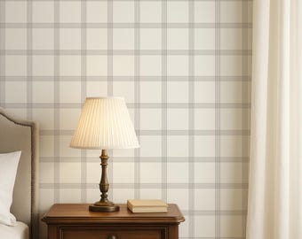 Minimal Grid Line Removable Peel & Stick Wallpaper in Gray and White, Classical Gingham Self Adhesive Wall Cover, Modern Plaid Wallpaper