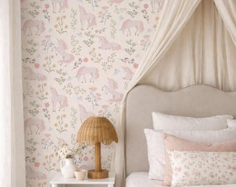 Papier peint floral licorne, décoration murale pastel pour chambre d'enfant, sticker chambre d'enfant fille bohème beige peel & stick