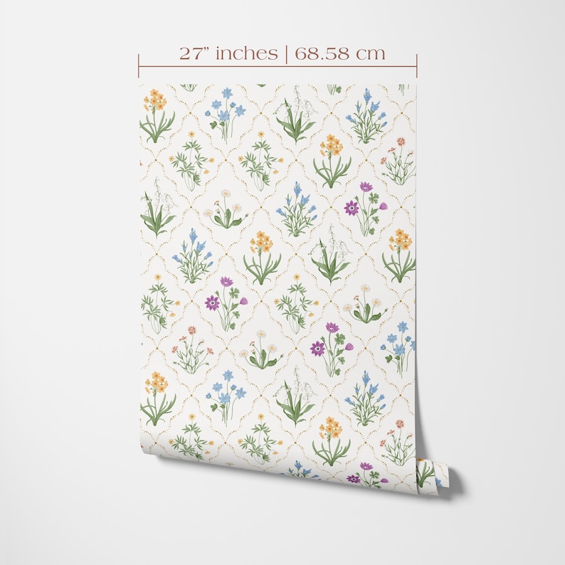 27 inches wide wallpaper roll with a meadow flower print on a off-white background.