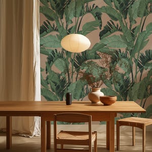 Carta da parati rimovibile con foglie tropicali in verde e beige, carta da parati con foglie di banana, carta da parati con grandi foglie di palma, carta da parati colorata
