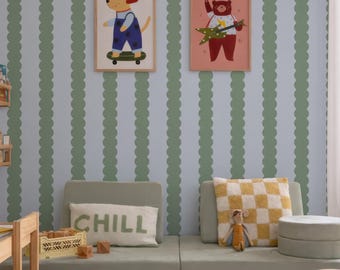 Blue and Green Scallop Bubble Stripe Peel & Stick Removable Wallpaper, Abstract Modern Wall Mural